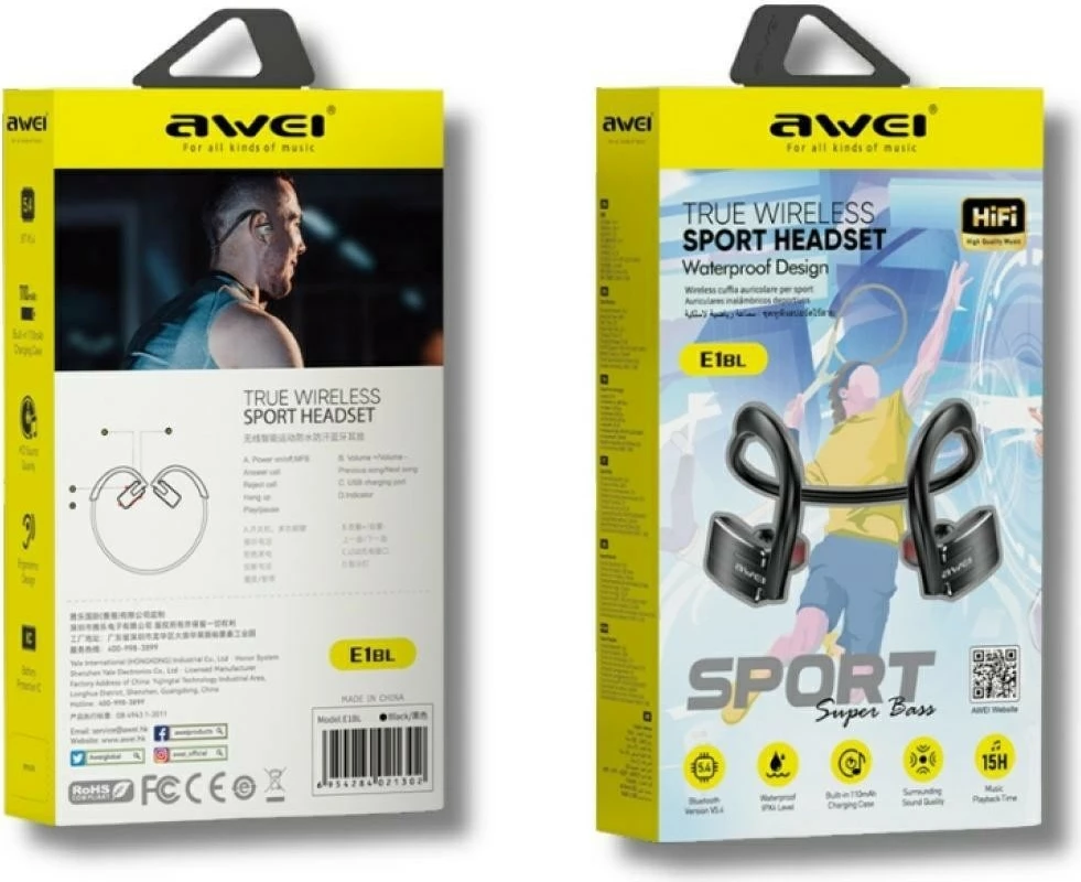 Športne Bluetooth slušalke AWEI E1BL, Bluetooth 5.3, baterija do 15 ur, mikrofon, Multipoint, USB-C, črne