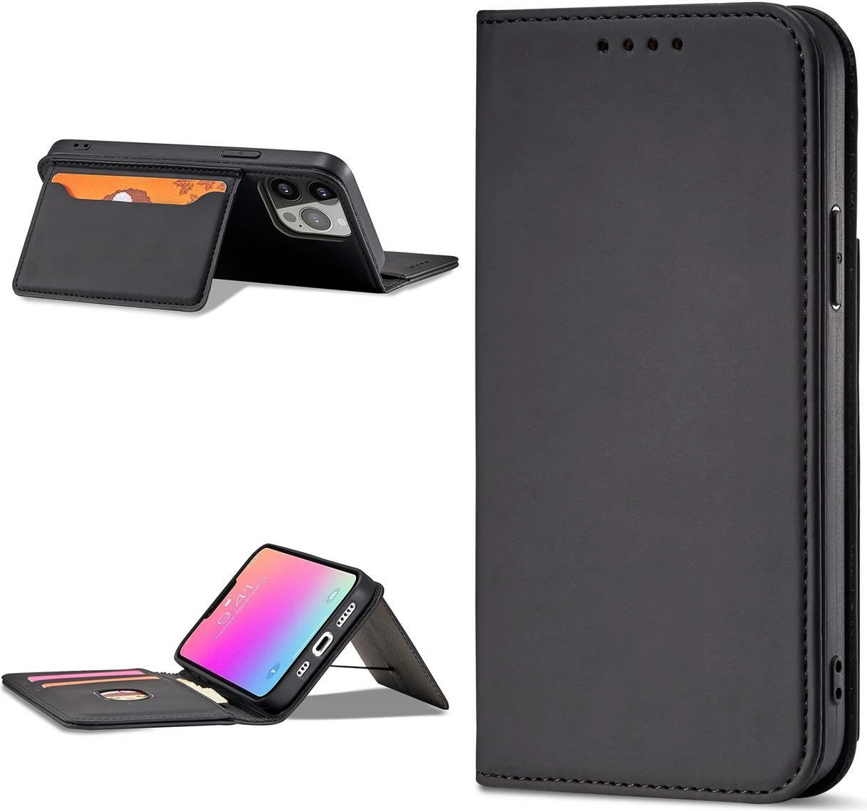 Ovitek za telefon z magnetno denarnico in nosilcem Hurtel Magnet Card Case za iPhone 13 Pro, črn