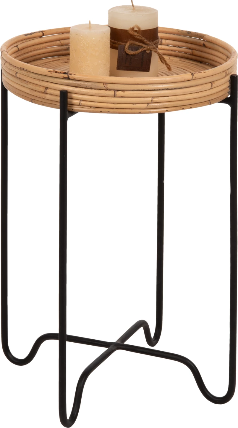 Okrogla stranska miza FLY FH7905 iz ratana v naravni barvi - črna kovinska osnova Φ32x48Hcm