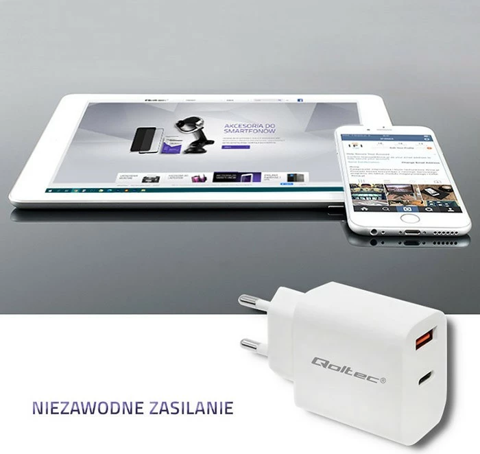 Stenski polnilec 18 W Qoltec 51714, USB Type‑C PD in USB QC 3.0, bel