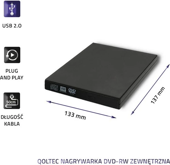 Zunanji DVD-RW zapisovalnik Qoltec 51858, USB 2.0, črn