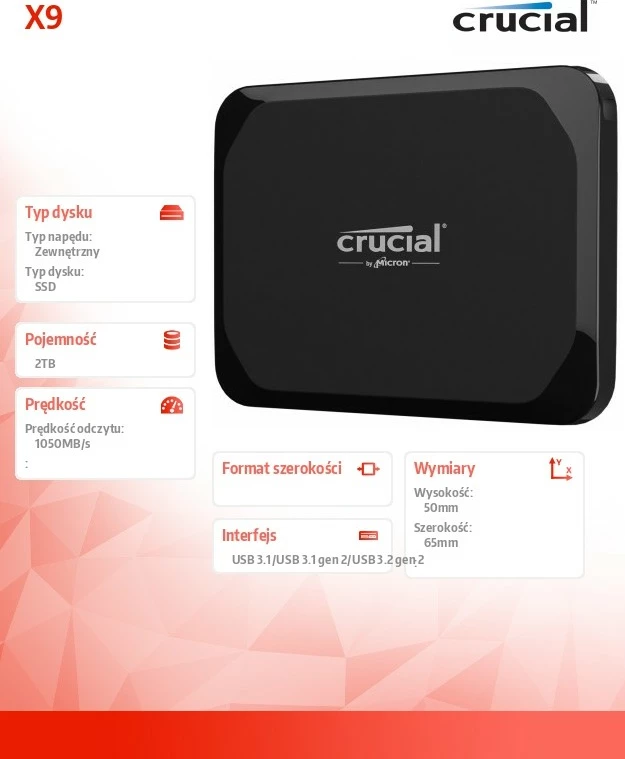 Zunanji SSD Crucial X9, 2TB, USB-C 3.2 Gen2, črn