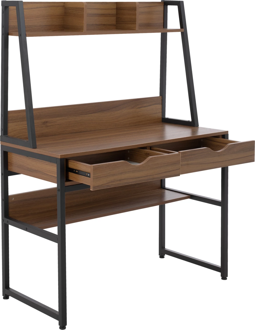 Pisarna z knjižno omaro FH2390.12 melamin v barvi oreha in črni kovinski okvir 100x48x139H cm