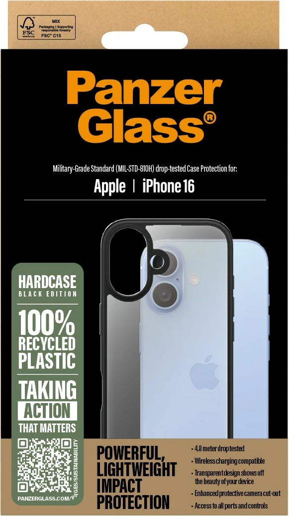 Prozoren zaščitni ovitek PanzerGlass HardCase za iPhone 16, črno ohišje