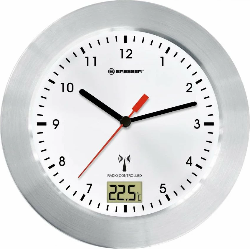 Stenska ura, radijsko krmiljena, s termometrom, srebrna Bresser MyTime Bath