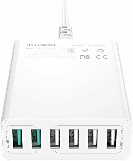 Polnilec 6 USB, QC 3.0, 60 W, BlitzWolf BW-S15, bel