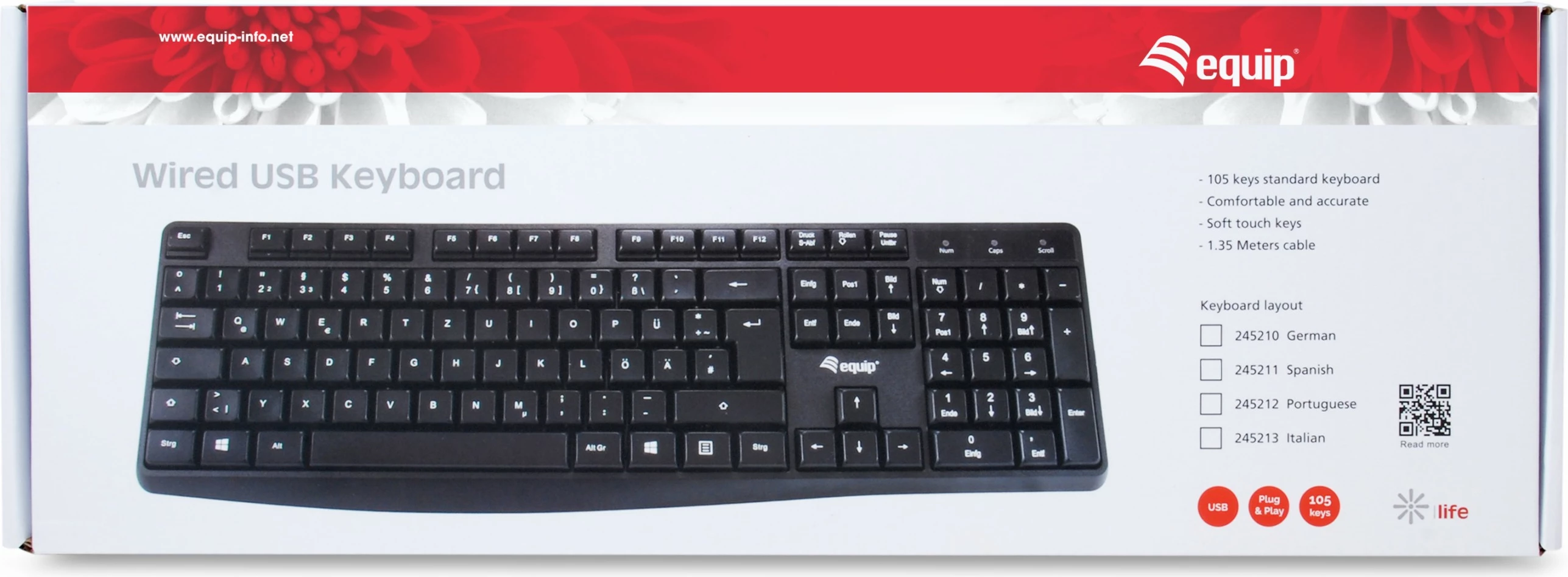 Polna USB tipkovnica EQUIP, 105 tipk, QWERTY špansko, črna