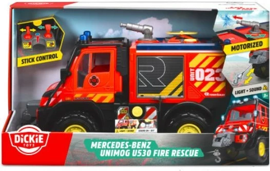 Gasilsko vozilo, 50 cm, z lučmi in zvoki, rdeče/črno — Mercedes‑Benz Unimog U530 Dickie Toys, komplet z 2 droni