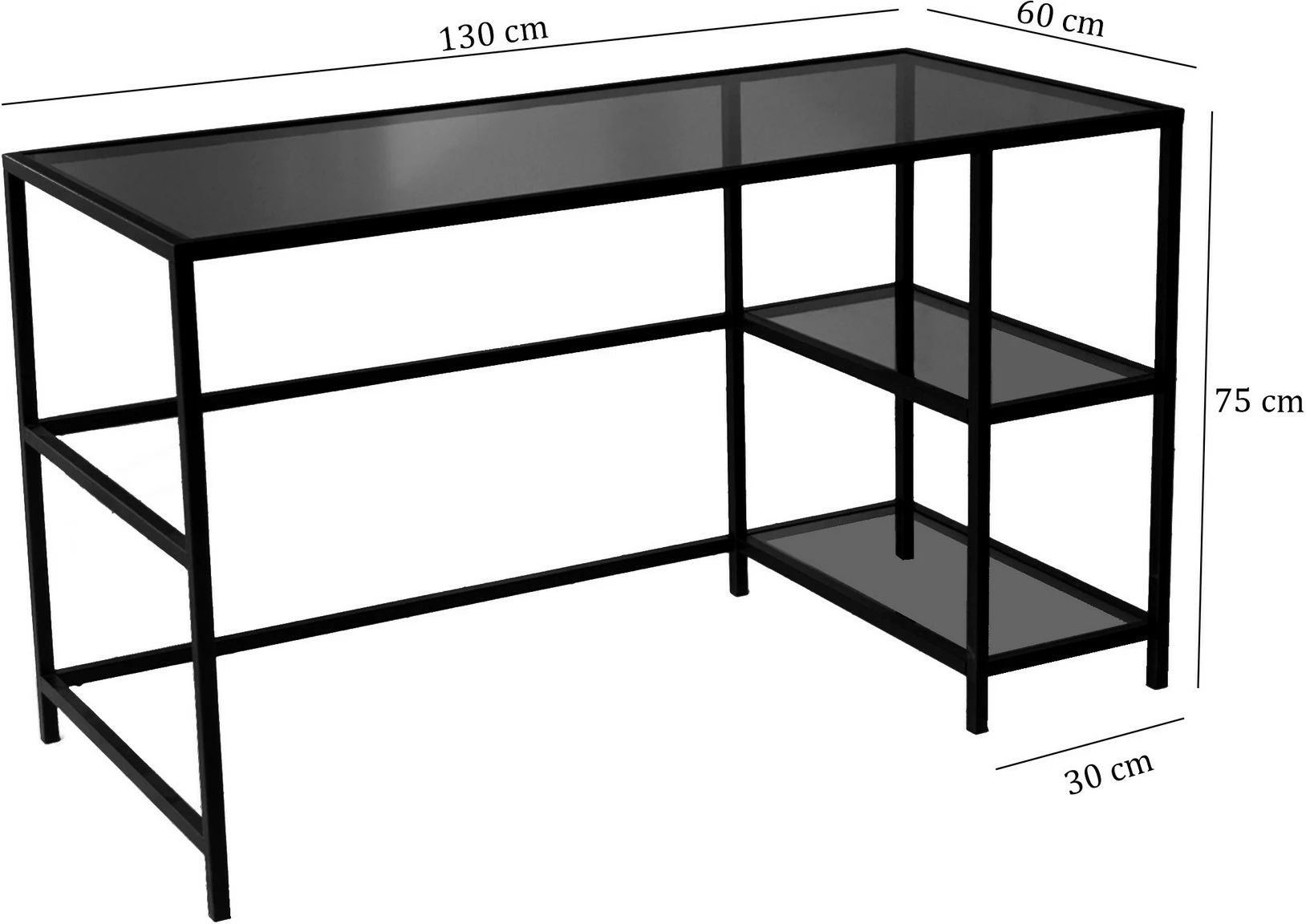 Moderna pisalna miza, Hanah Home Master Çalışma Masası, 130x60 cm, kaljeno steklo, kovinski okvir, črna in dimna