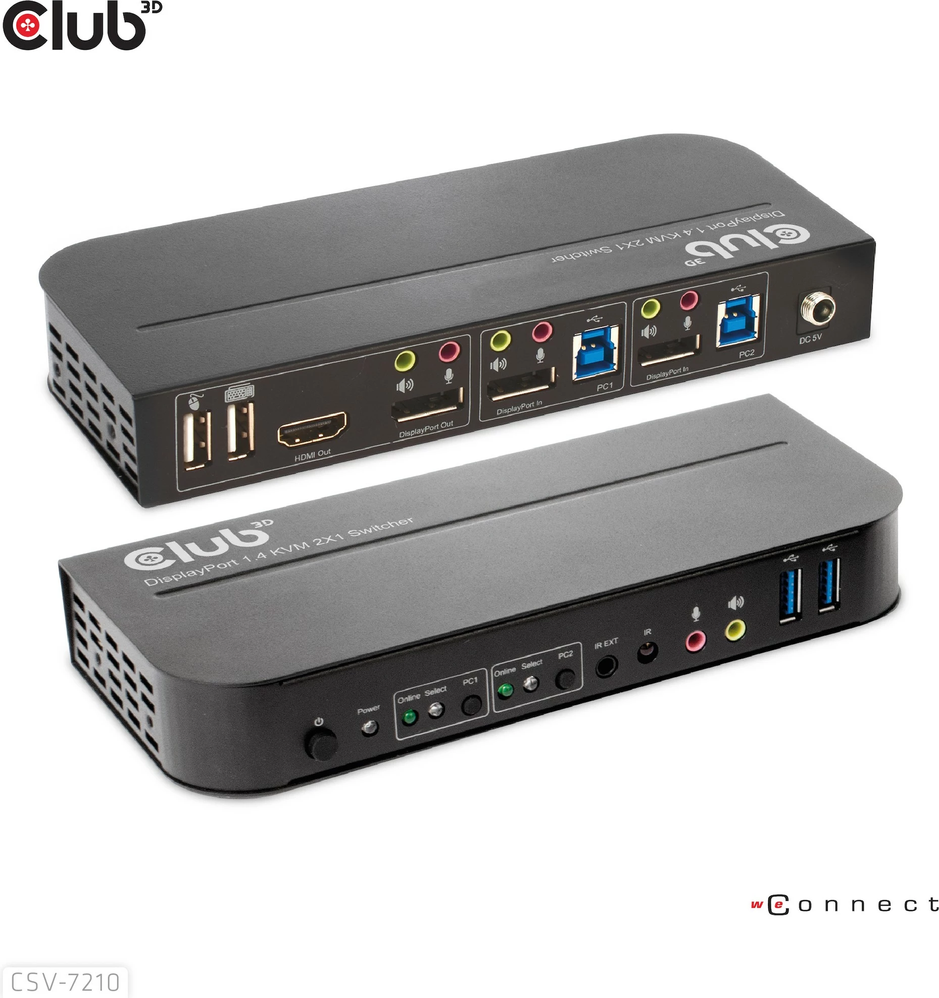 KVM preklopnik za 2 računalnika Club3D CSV-7210, 2x DisplayPort, 1x HDMI, 2x USB, 4K60Hz, črn