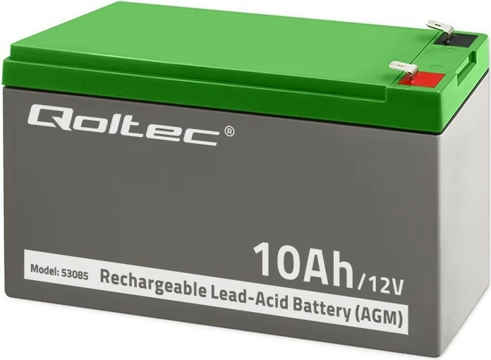 Zaprta AGM svinčevo-kislinska baterija 12 V 10 Ah, brez vzdrževanja Qoltec 53085, za UPS, siva/zelena