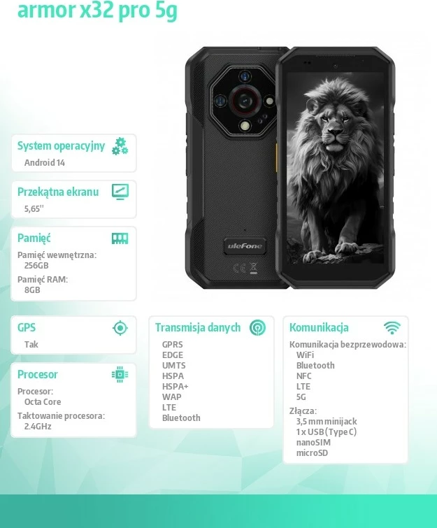 Robusten pametni telefon Ulefone Armor X32 Pro 5G, 8/256GB, IP69K, črn