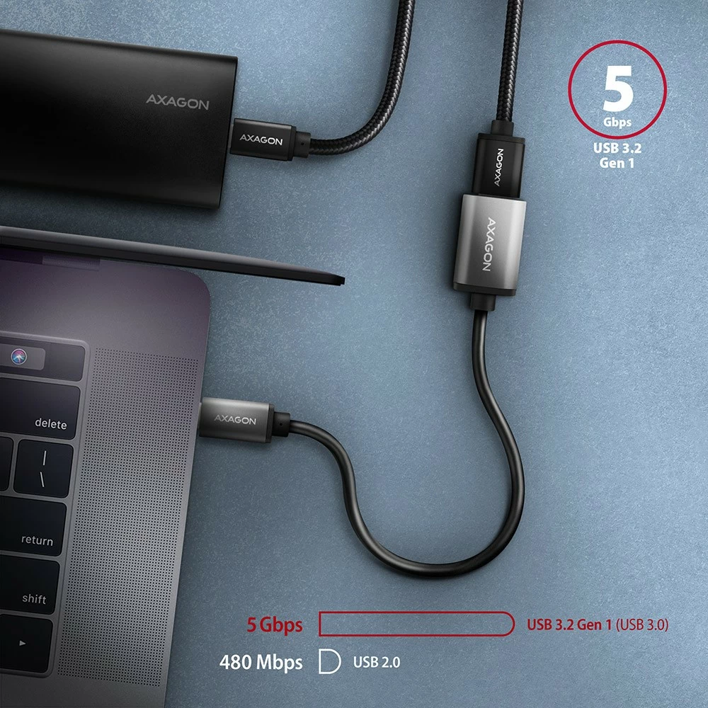 Adapter USB-C v USB-A, kabel 0,2 m, 3 A, siv, AXAGON RUCM-AFAC