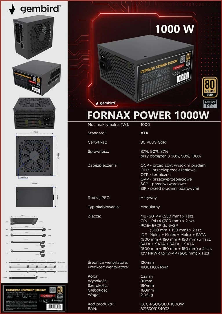 Napajalnik 1000 W, 80 PLUS Gold, črn Gembird Fornax Power