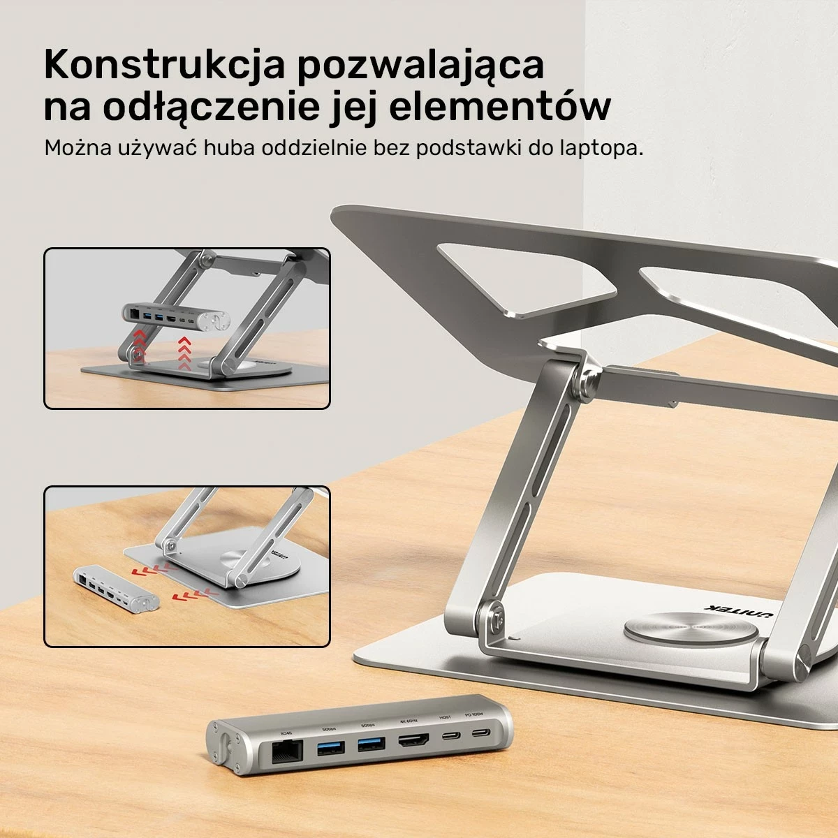 Stojalo za prenosnik Unitek USB-C HDMI 4K PD 100W, srebrno
