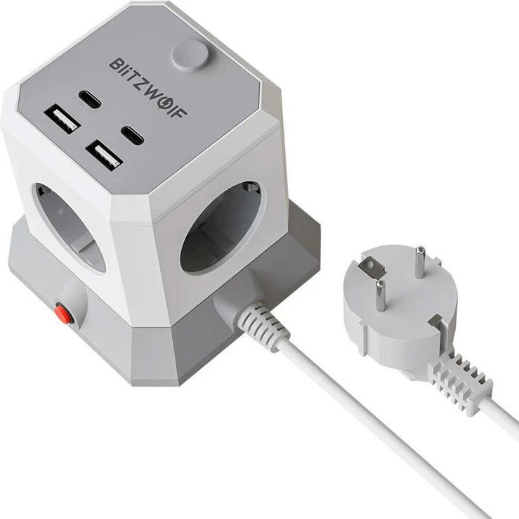 Podaljšek z 4 AC vtičnicami, 2 USB-A, 2 USB-C, 1,8 m, BlitzWolf BW-EC1, siv