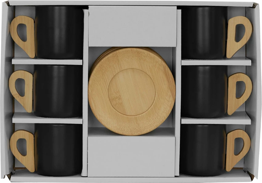 Set skodelic za espresso, 6 kosov, porcelan črn, bambus naraven, 29x21x7 cm Nordic