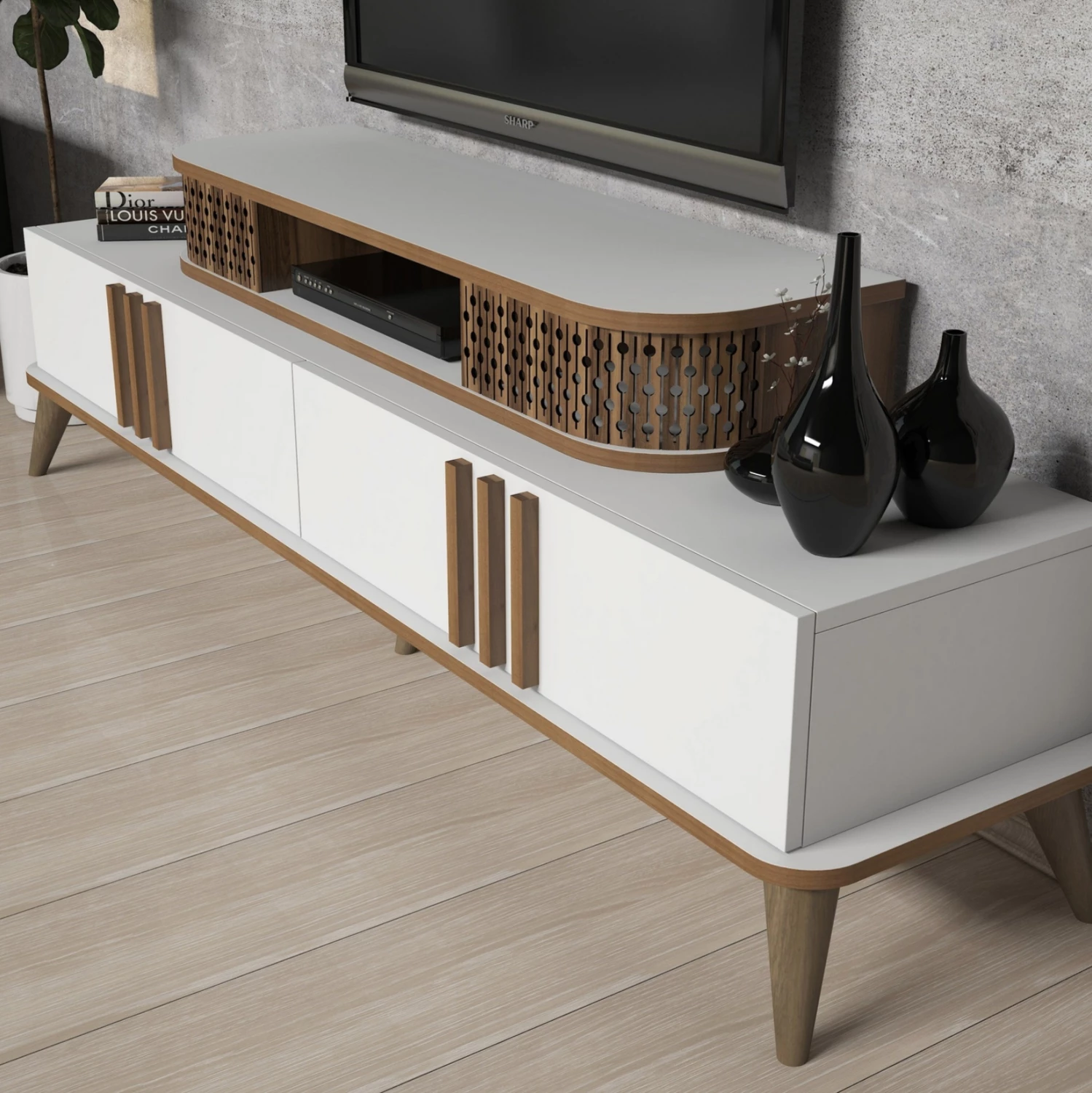 TV kombinirano pohištvo FH9515.03 iz melamina v beli in orehovi barvi 168x39x51.6Hcm