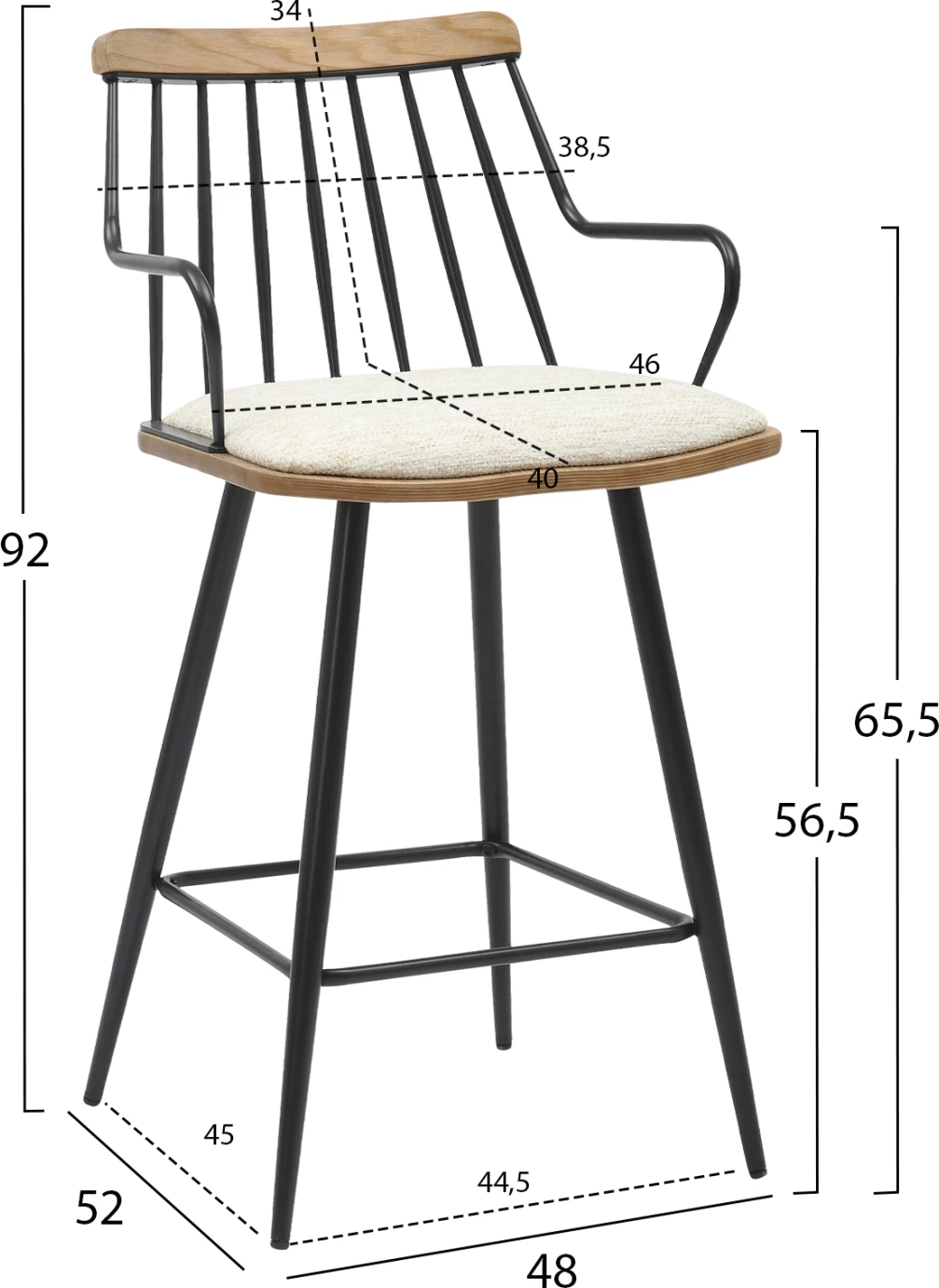 Barski stol srednje višine JUDI FH9985.02 črna kovina-ecru tkanina 48x52x92Hcm