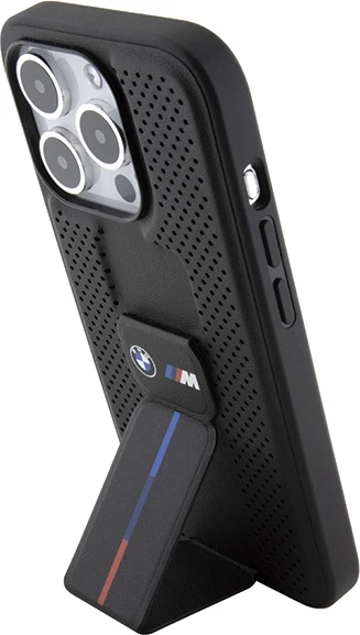 Zaščitni ovitek BMW Grip Stand Smooth & Perforated za iPhone 15 Pro Max, črn