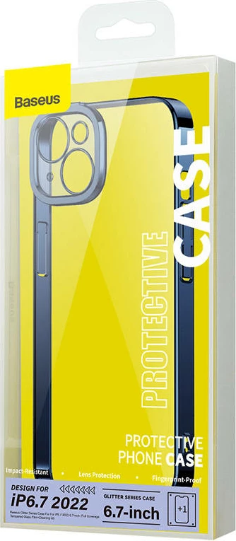 Ovitek za telefon z modrimi robovi in kaljenim steklom, Baseus, iPhone 14 Plus, modra, komplet