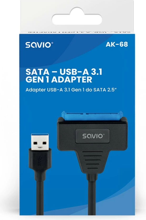 Adapter USB-A 3.1 Gen 1 na SATA za 2,5-palčne diske, Savio AK-68, črn