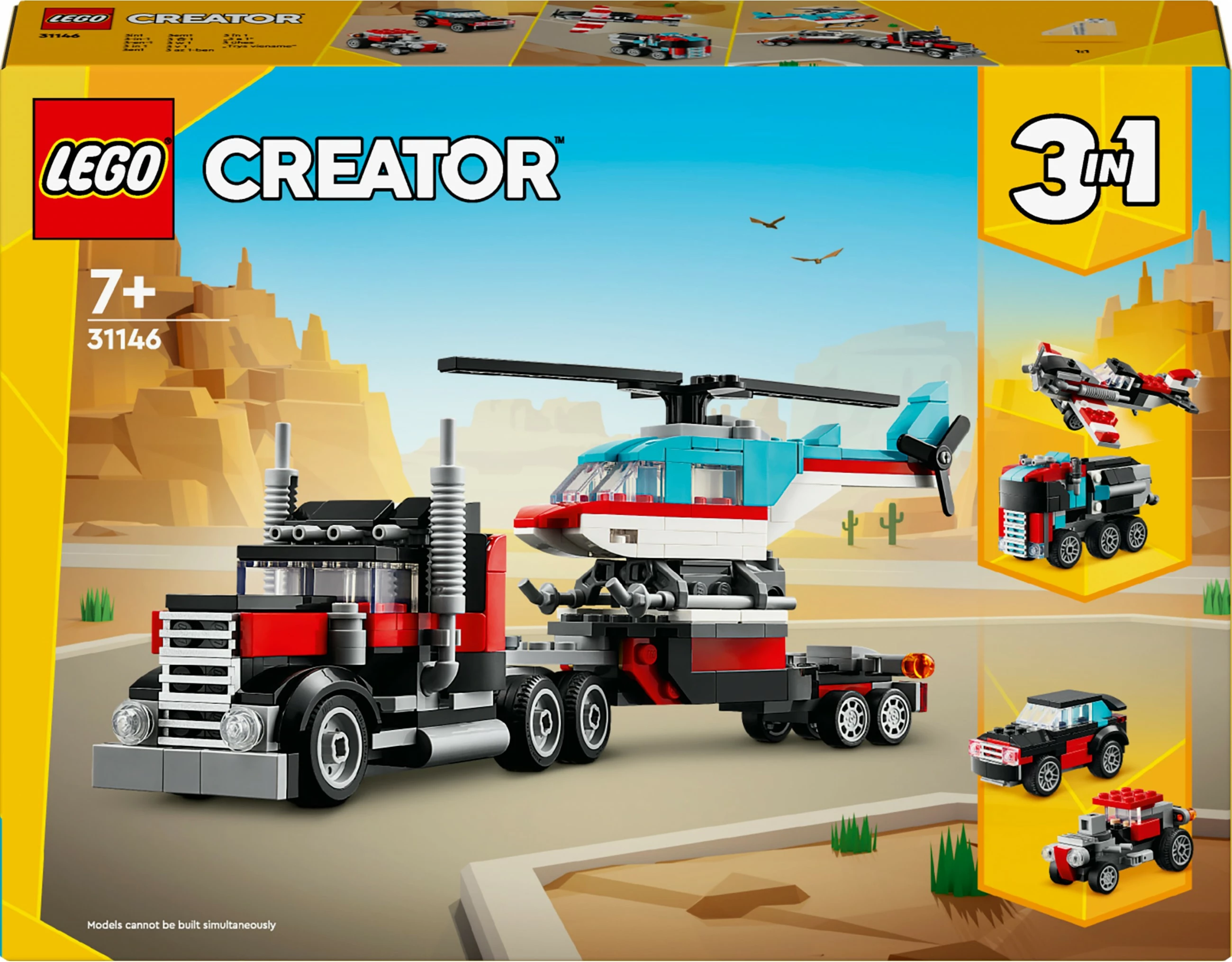 Set za gradnjo LEGO Creator 3 v 1, tovornjak s platformo in helikopter, 270 kosov, večbarven