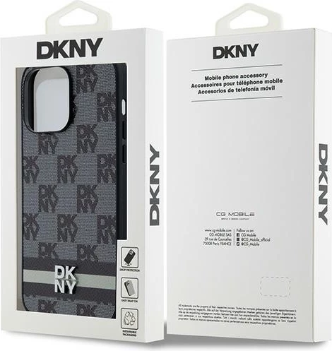 Ovitek za telefon s karo vzorcem in potiskanim črtami, DKNY Leather — za iPhone 14 Pro Max, črn