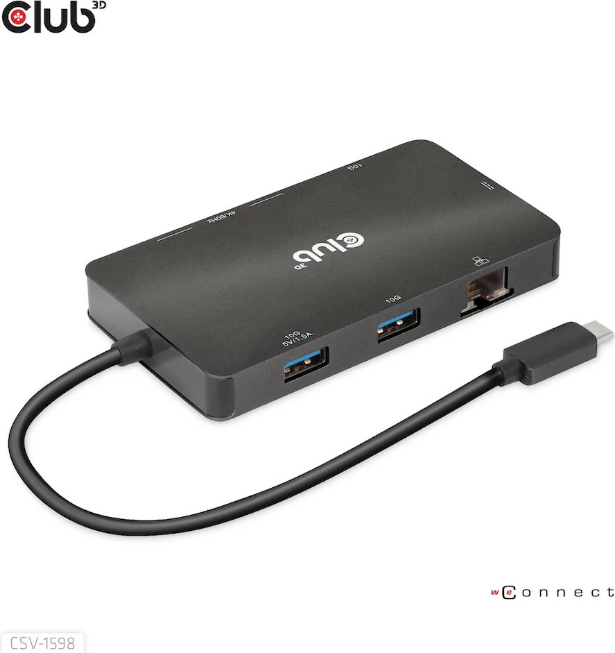 USB-C razdelilec Club3D CSV-1598, 7 vhodov, 2×DisplayPort, 2×USB-A, 2×USB-C, LAN, 4K60Hz, črn