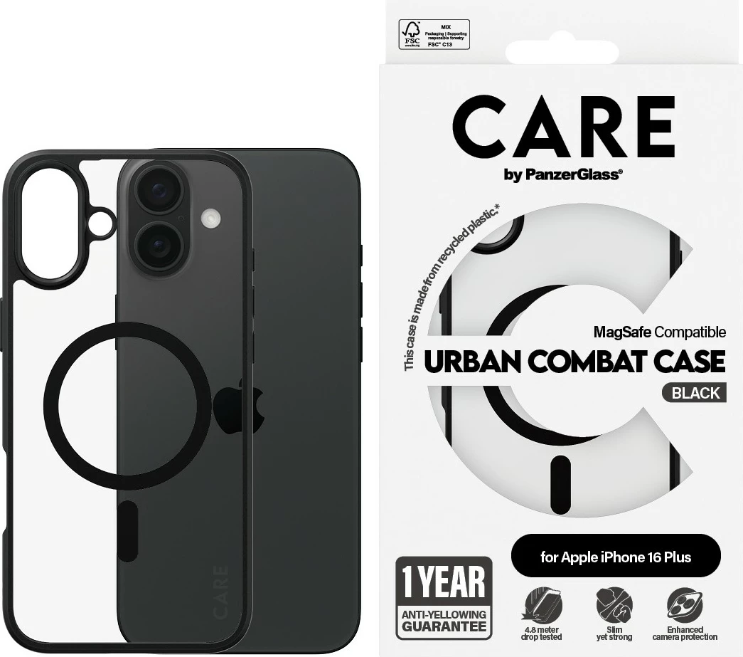 Prozoren zaščitni ovitek PanzerGlass CARE Case Flagship Urban Combat MagSAFE za iPhone 16 Plus
