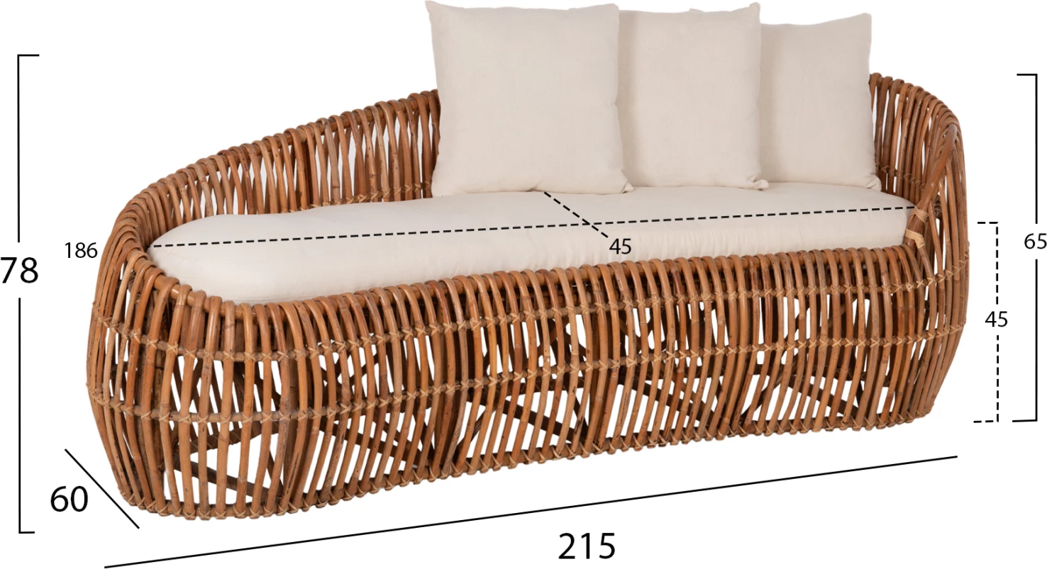 Sedežna garnitura LANTRY iz naravnega ratana - bele blazine 215x60x78H cm