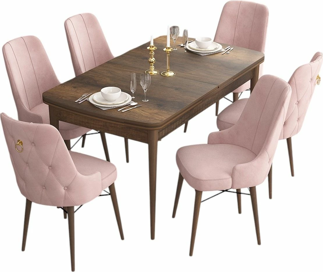 Raztegljiva jedilna miza z 6 stoli, 7-delni set, baročno rožnata, Skye Decor