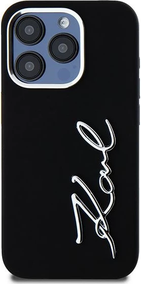 Silikonski ovitek za telefon z metalnim logotipom Script Karl Lagerfeld za iPhone 15 Pro, črn