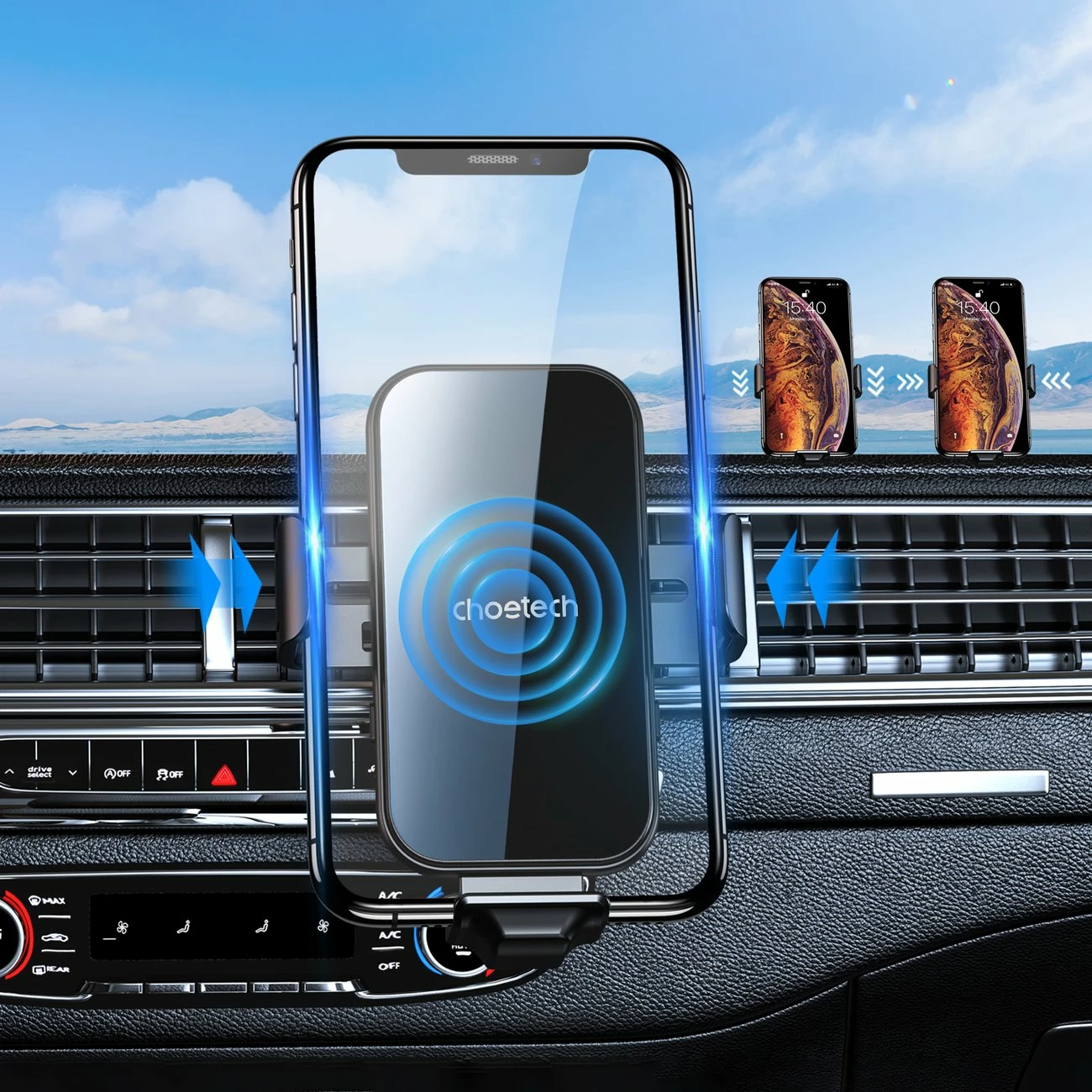 Brezžični polnilec in nosilec Choetech T201-F za avto, z magnetnimi adapterji, črn