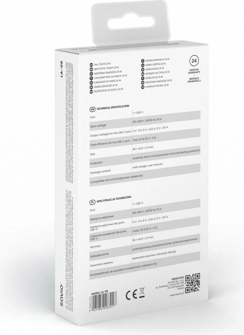 Stenski polnilnik 20 W, USB-C, bel, Savio LA-09