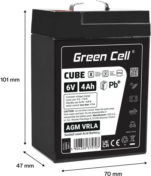 Baterija AGM VRLA, 6V 4Ah, IP54, 101 x 70 x 47 mm, črna, Green Cell AGM6V4AH-J