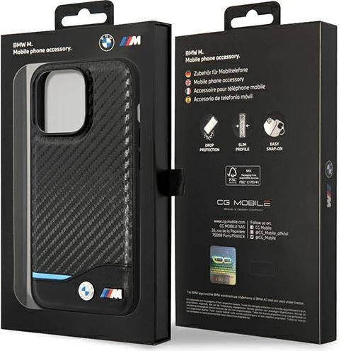 Ovitek iz usnja s karbonsko tkanino, BMW, za iPhone 14 Pro 6,1\" , črn