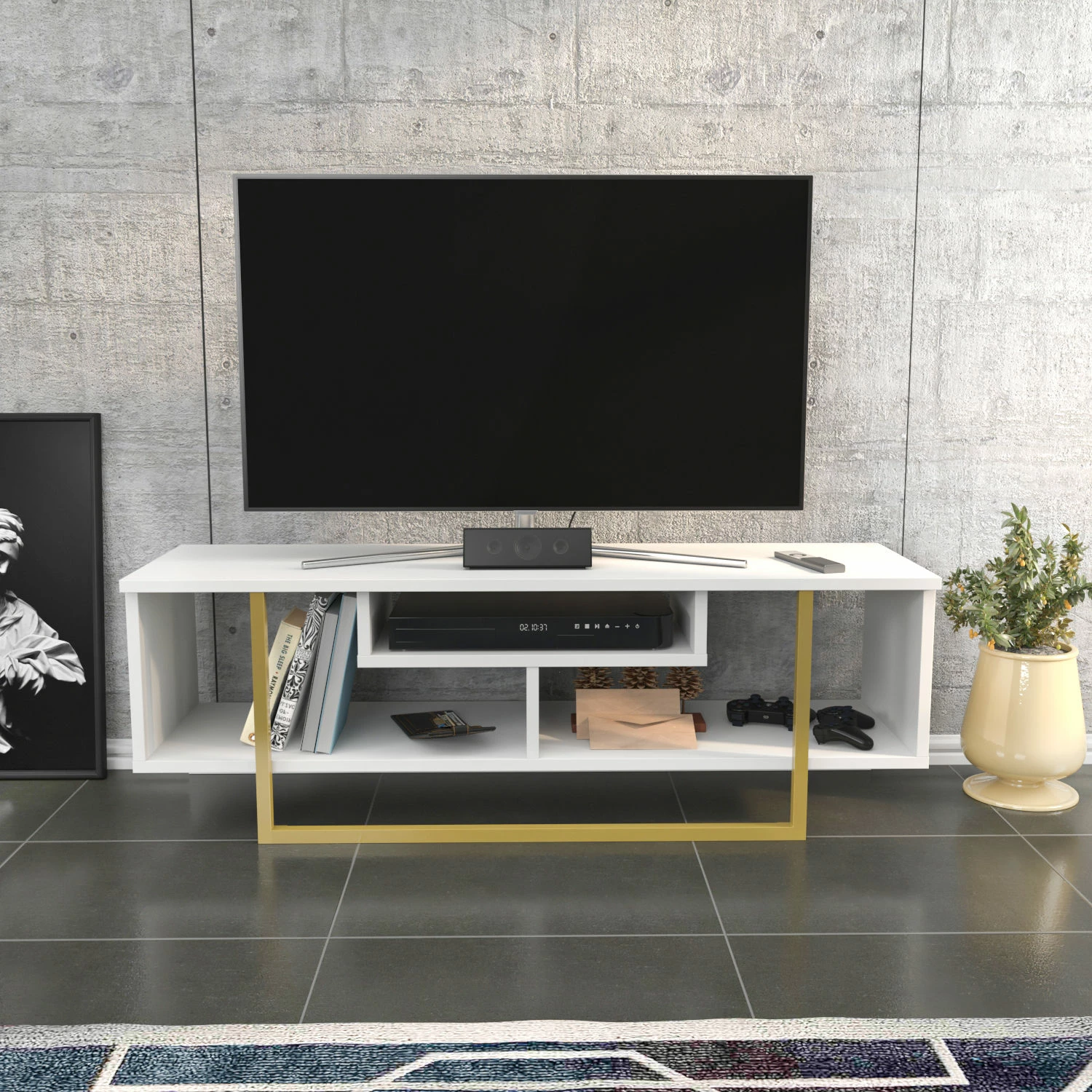 TV komoda Asal 120, zlata in bela, Hanah Home