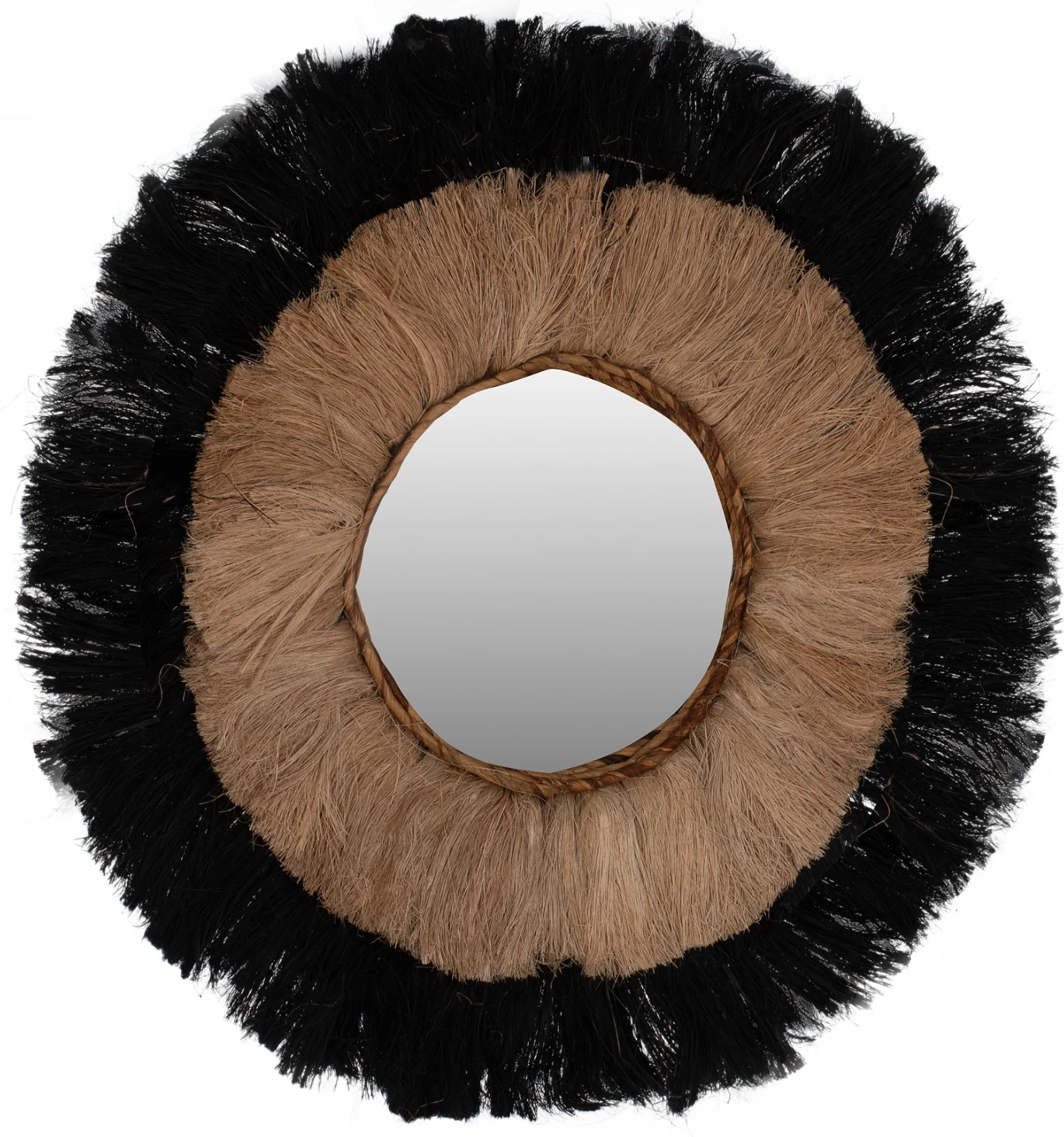 Okroglo ogledalo iz abaka vlaken v naravni in črni barvi 70x4x70Hcm.FH7737