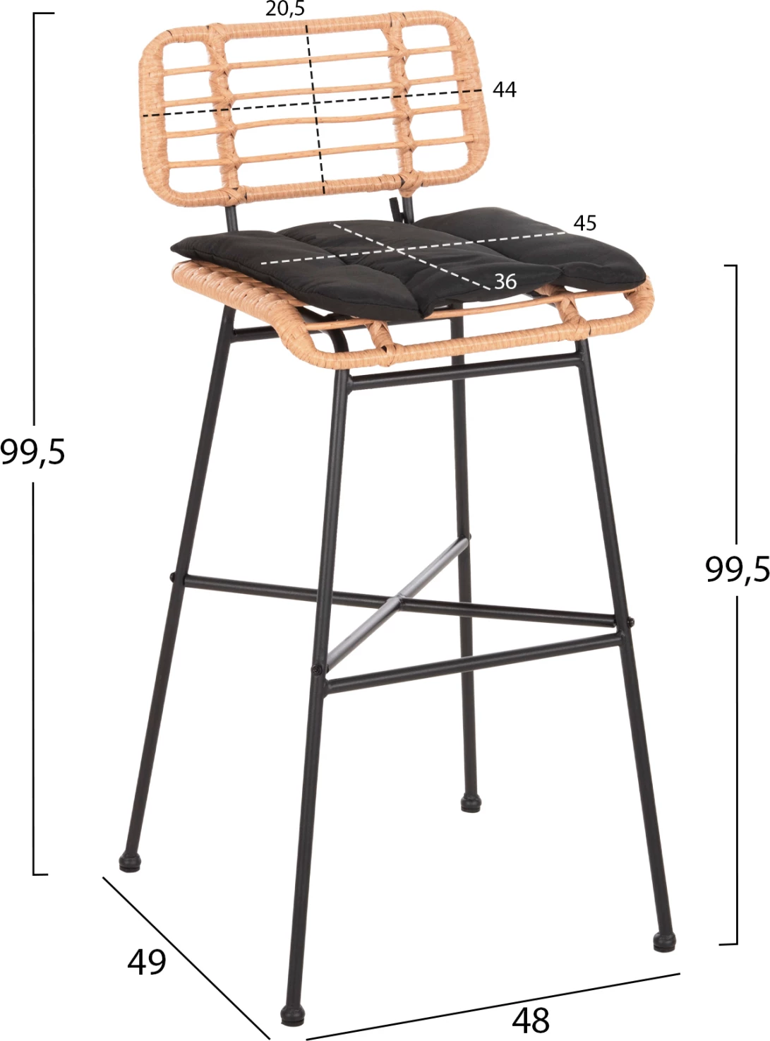 Barski stol z visokim sedežem ALLEGRA FH5708.11 kovina in blazina v črno-bež pletenini 48x49x99,5H cm