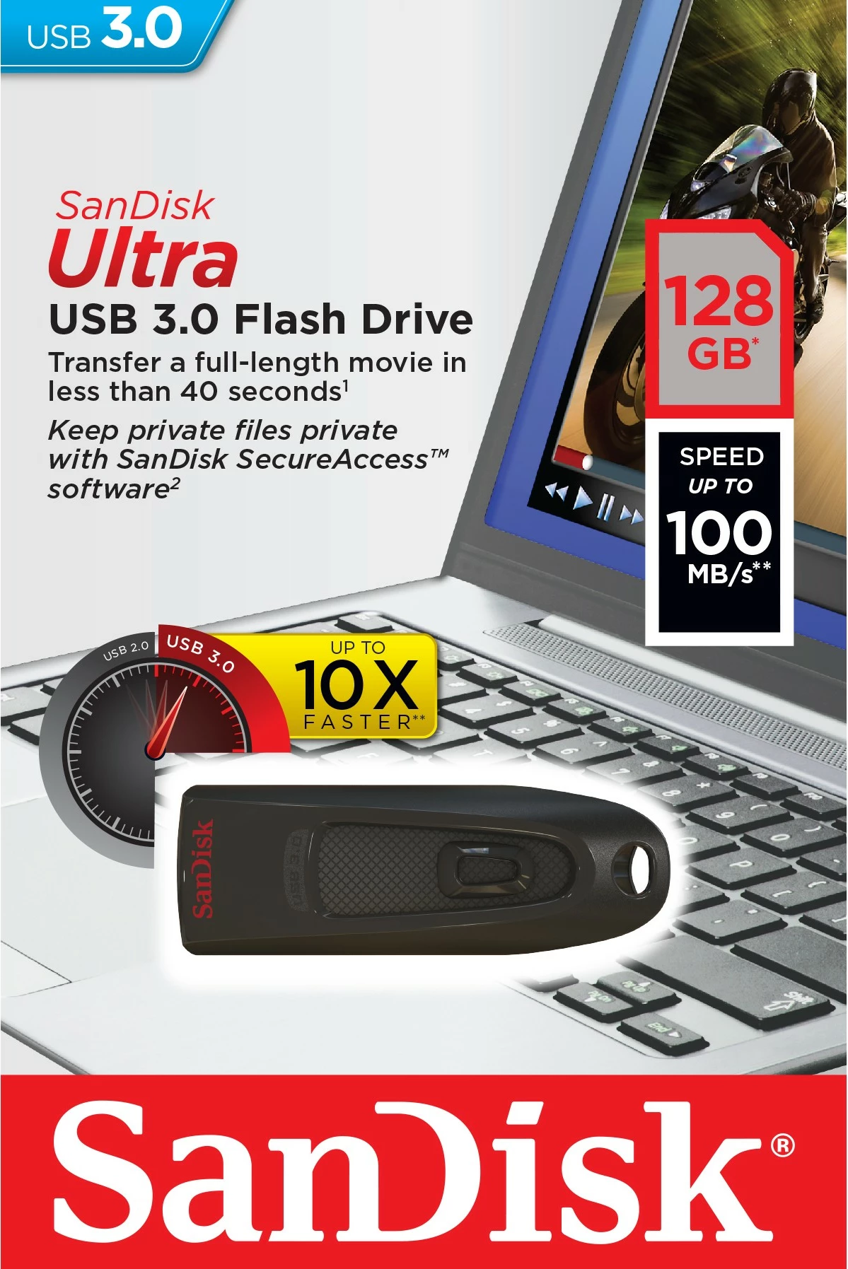 USB SanDisk Ultra, 128 GB, USB Type-A, 3.2 Gen 1, 100 MB/s, Slide, črn