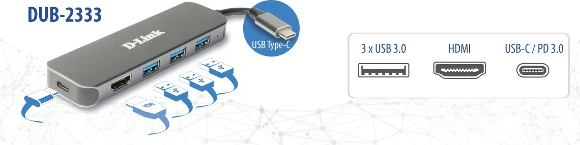 USB-C hub 5-v-1 D-Link DUB-2333, 60 W, sivi