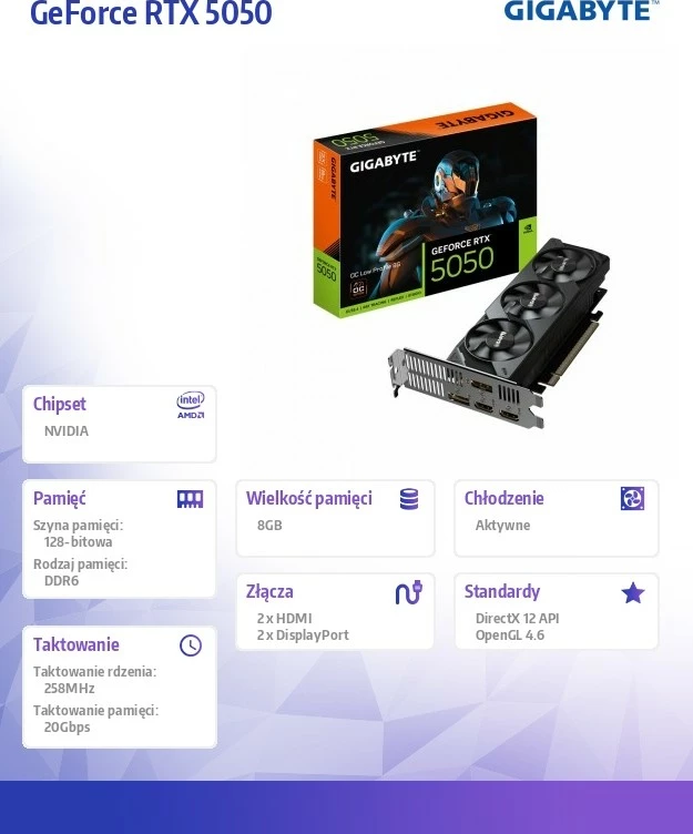 Grafična kartica Gigabyte GeForce RTX 5050 Low Profile OC, 8GB GDDR6, 128-bit, 3 ventilatorji