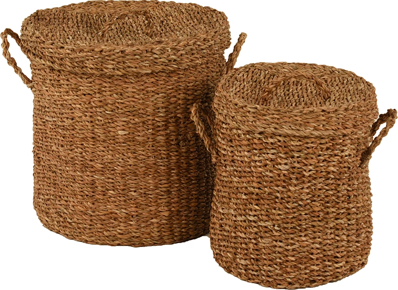 Set košar iz morskih trav s pokrovom, naravno, 2 kosa, 44x44x45