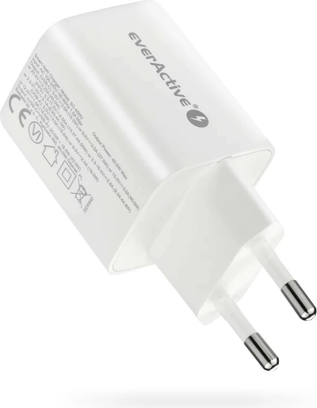 Stenski polnilec everActive SC-450Q, 45W, 1x USB, 1x USB-C, bel