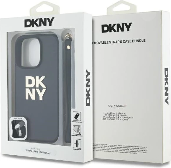 Ovitek za telefon z zapestnim trakom in logotipom DKNY za iPhone 16 Pro, črn