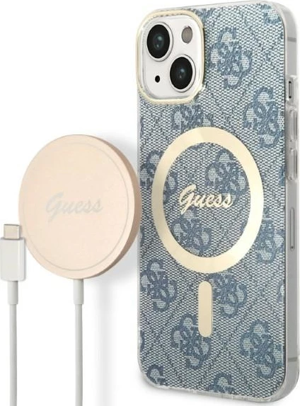 Ovitek za telefon in brezžični polnilec iPhone 14, 6.1" Guess GUBPP14SH4EACSB, 4G Print, MagSafe, moder