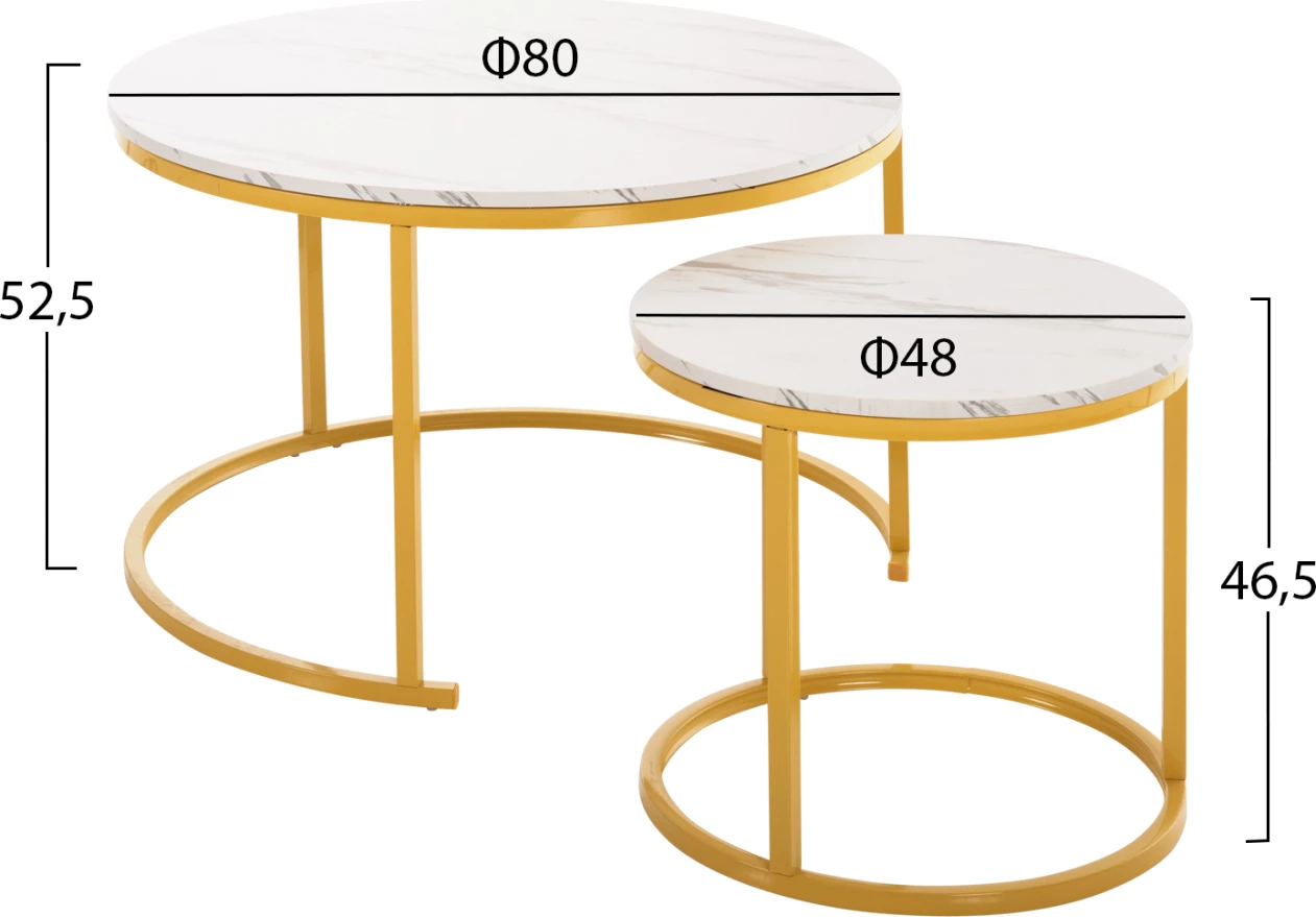 Set dveh kosov klubske mize MDF bela marmor zlata kovinske noge Φ80x48cm.FH8763.11