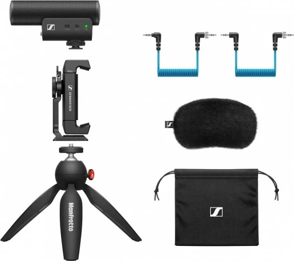 Superkardioidni mikrofon za mobilne naprave Sennheiser MKE 400 Mobile Kit s stativom Manfrotto, moder