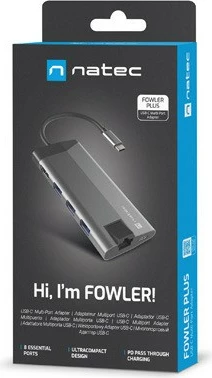 Večvratna priključna postaja Natec Fowler Plus, NMP-1690, 8 vhodov, USB-C PD, HDMI 4K, RJ45, SD/microSD, siva